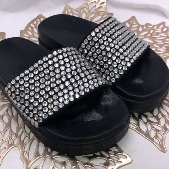Shoes - Rhinestones Embellished Platform Slide Sandals Size 6